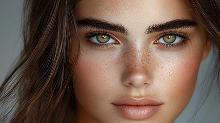Fototapeta premium A close-up portrait of a long-faced model with delicate features, highlighted by soft natural lighting. The model is wearing minimal makeup, showcasing their smooth skin and long jawline. The 