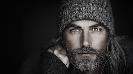 A dramatic black-and-white portrait of a long-faced individual gazing thoughtfully into the distance. The high contrast highlights their facial structure and expressive eyes, creating an emotive 