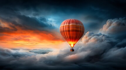 Obraz premium A fantastical view of a hot air balloon soaring through a vibrant, dreamy sky, surrounded by fluffy clouds and soft rays of sunshine, representing freedom and joy, with a lush landscape visible 