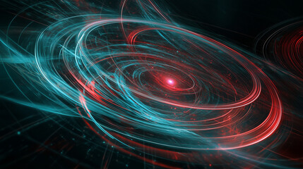 Fototapeta premium An abstract digital illustration of intertwined red and blue orbital paths, symbolizing the complexity and beauty of the three-body problem in physics and celestial mechanics