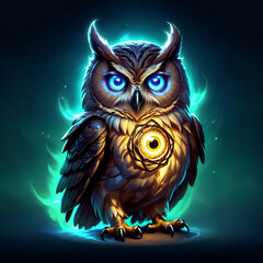 Obraz premium A detailed illustration of a wise owl with piercing blue eyes. It has a golden eye embedded in its chest, surrounded by glowing feathers.
