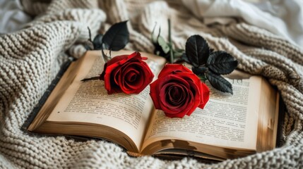 Two Red Roses Resting on an Open Book