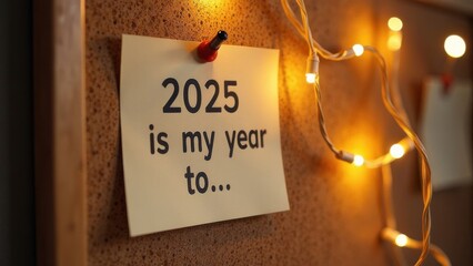 A notecard pinned on a corkboard with twinkling lights, stating that 2025 is my year to focus on personal goals and aspirations