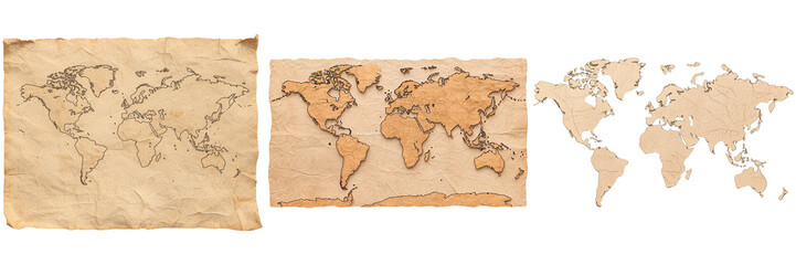 Vintage World Maps Collection on Transparent Background for Creative Projects