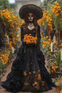 Catrina de cuerpo completo con sombrero y vestido negro antiguo sosteniendo flores color naranja en un pante&oacute;n lleno de flores de cempasuchil y velas encendidas. D&iacute;a de muertos 