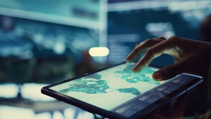 Navy operations specialist examines a world map with gps system on his tablet, working on finding tracks of enemy vessels. General employs government satellite data for missions. Close up. Camera B.