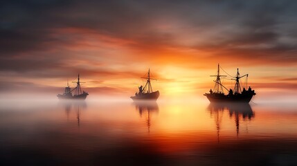 Obraz premium Fishermen preparing their boats at dawn, with soft light shimmering on the water's surface. Ultra-Realistic, Photo Realistic, highly detailed 
