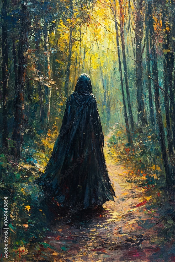 Poster a mysterious figure cloaked in shadows wanders through a sunlit forest path evoking intrigue and won