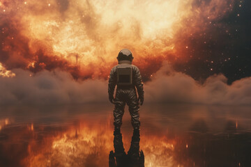 Astronaut in Reflective Spacesuit, Standing with the American Flag, Symbolizing Human Achievement and Exploration