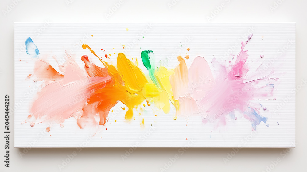 Poster bright, colorful paint splashes dynamically spread across a white canvas, showcasing abstract artist