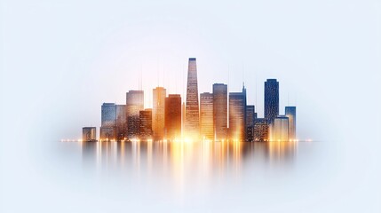 Obraz premium San Francisco skyline with illuminated buildings at sunset, silhouette style on a white background