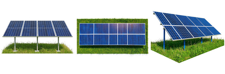 Innovative Solar Panels Displayed in Various Angles on Lush Grass Background for Environmental Sustainability