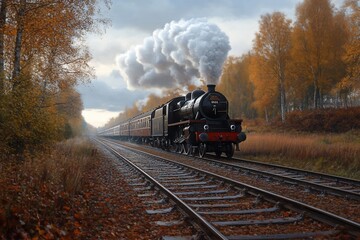 Obraz premium A steam locomotive chugs through a forest of golden autumn trees, billowing smoke into the air.