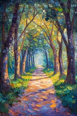 Obraz premium A serene walk through nature's vibrant pathway discovering the beauty of sunlit forest trails and peaceful surroundings