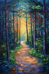 Obraz premium A serene journey through a luminous forest pathway embracing nature's tranquility and beauty