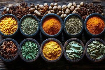 Spices in a Mortar and Pestle on a Rustic Table