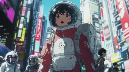 Fototapeta premium An Anime Girl in an Astronaut Suit Looking Up in a City Setting