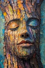 A stunning artistic representation of a human face blended with nature merging textures and colors to evoke deep emotions and connection with the environment