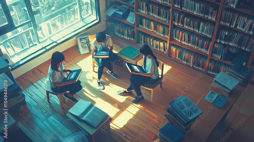 Poster students engaged in reading in library setting