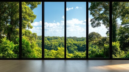 Fototapeta premium Stunning view of lush green forest through large glass windows.