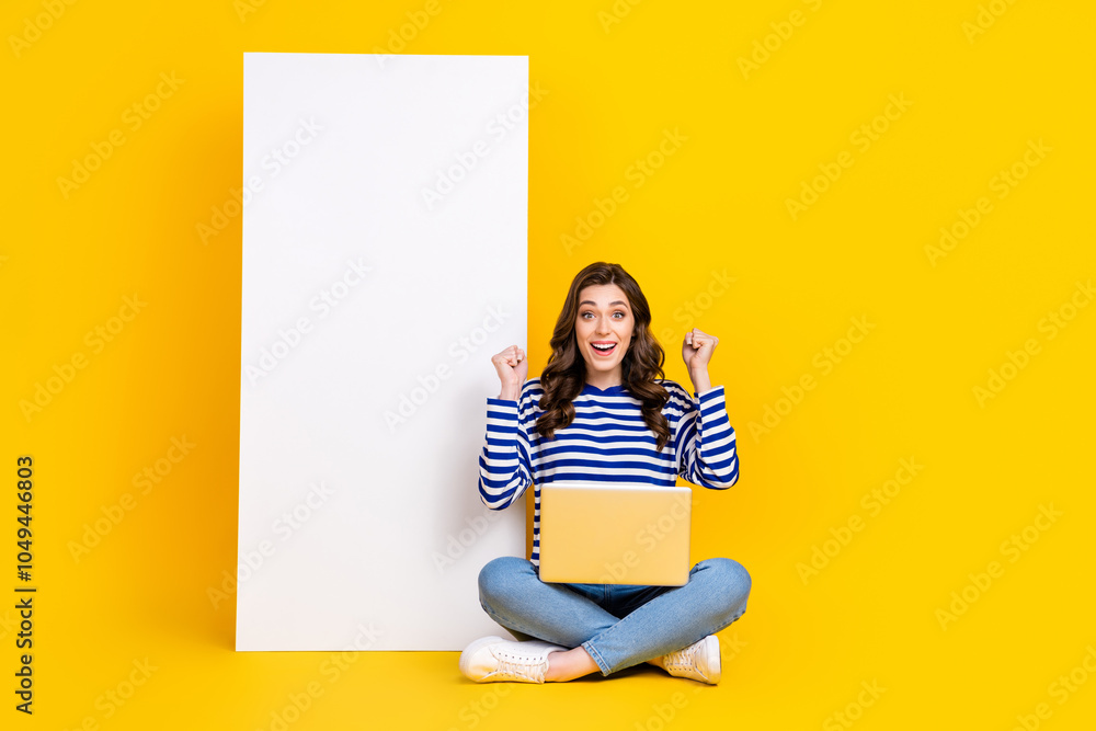 Poster full size portrait of overjoyed delighted girl sit floor use wireless netbook huge empty space displ