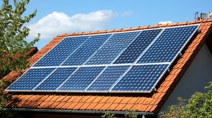Fototapeta premium Solar Panels on Rooftop Under Bright Sunlight