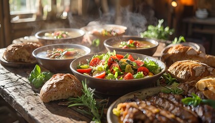 Obraz premium Rustic Table with Freshly Prepared Dishes