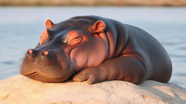 A gentle scene of a baby pygmy hippo resting on a large rock near the water, the early morning light casting a soft glow over the tranquil environment,