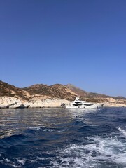 Landscape from sea in Milos, Greece.