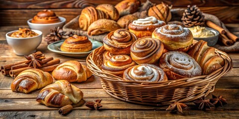 Fototapeta premium A rustic wooden table laden with freshly baked sweet rolls, cinnamon sticks, and star anise, creating a warm and inviting atmosphere.