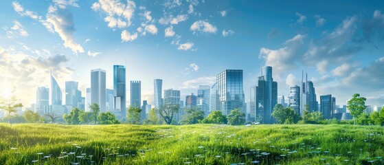 Panoramic shot of a modern city powered by renewable energy, showcasing sustainable technologies and green infrastructure, representing a new economy