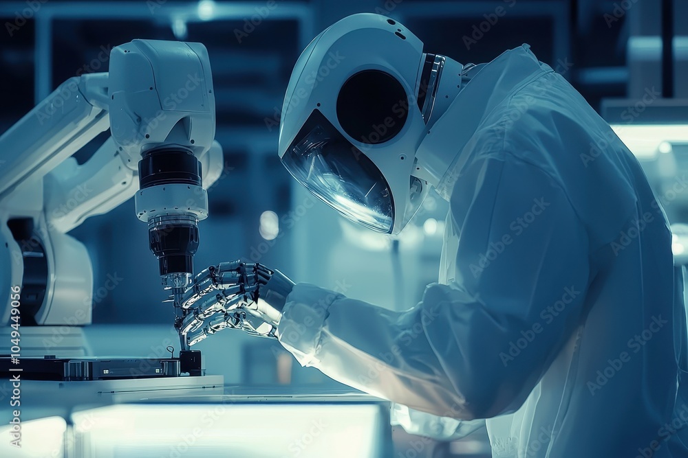 Poster technician inspecting robotic arm in laboratory setting
