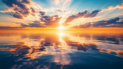 Fototapeta premium A Serene Sunset Over a Calm Ocean, with Vibrant Colors Reflecting on the Water’s Surface as Fluffy Clouds Glow in the Warm Hues of the Setting Sun, Creating a Tranquil, Picture-Perfect Scene