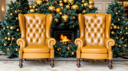 Cozy living room with large leather armchairs, plaid decor, and a roaring fire, classic holiday...