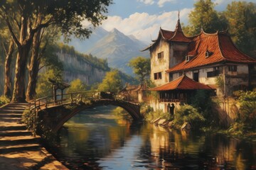 painting of a bridge over a river with a house and a bridge