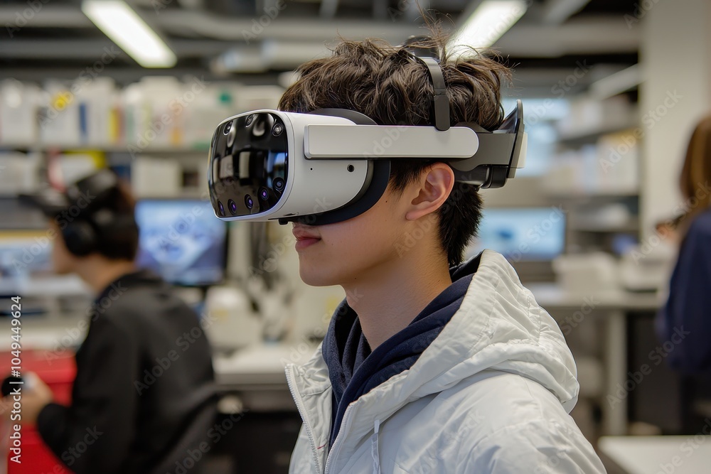 Poster student using virtual reality headset in modern lab