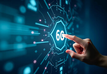 A man's hand presses a button with the inscription 6G in a virtual space, abstract background