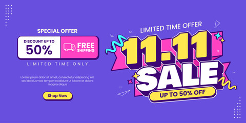 11 11 super sale promo banner with discount offer. 11 11 shopping festival super sale banner. Flash sale special offer banner for social media post or website banner. Flash sale campaign