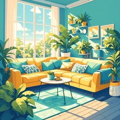 Sunny Living Room Illustration with Yellow Couch, Plants and Window