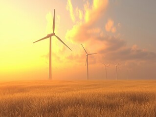 Fototapeta premium Wind Turbines Spinning in Golden Field at Sunset
