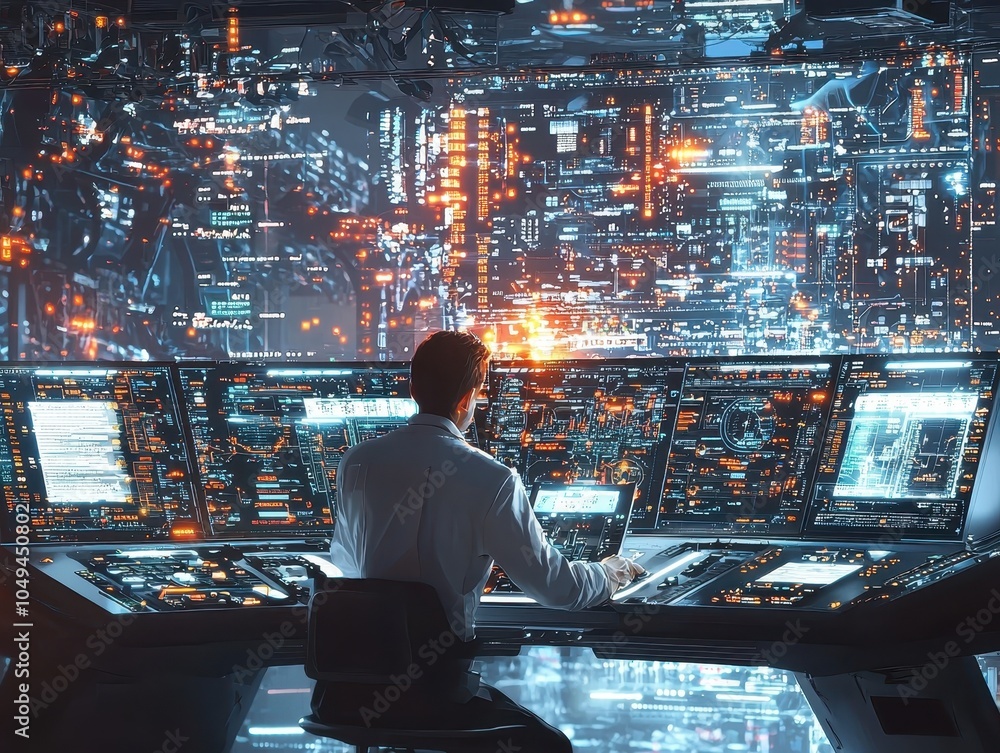 Aufkleber high-tech worker overseeing control panel in futuristic setting