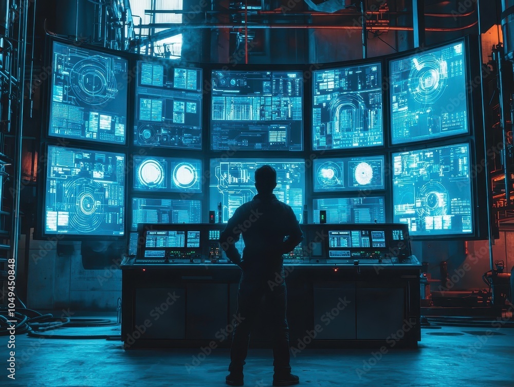Poster worker overseeing control panel in high-tech environment