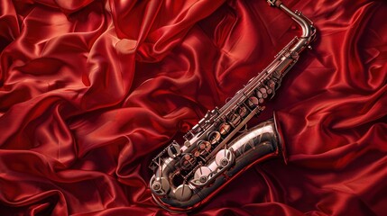 Obraz premium A Shiny Saxophone Resting on Red Satin Fabric