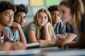Obraz premium A small group of students listening to a teacher's explanation during a study session, emphasizing the importance of collaborative learning and personalized instruction
