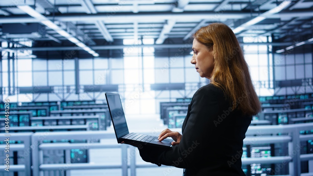 Poster system administrator in server farm using laptop to patch network issues leading to slow data transf