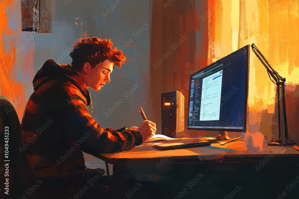 Poster student writing notes while using computer at desk