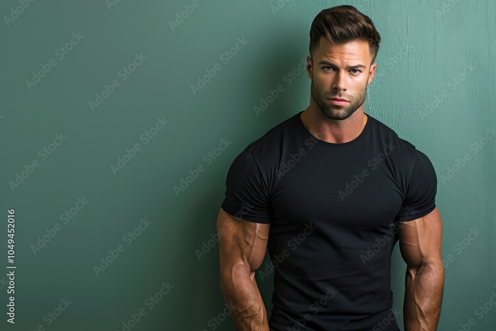 Sticker fit man with a defined body and mental sharpness, standing against a solid color backdrop, ideal for