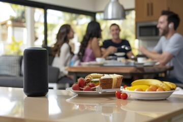Family using a smart speaker to play music and check the news while enjoying breakfast, illustrating the role of AI in modern homes