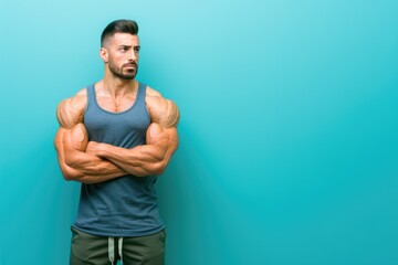 Fototapeta premium Fit man with a powerful physique and mental clarity, standing against a solid color background, ideal for gym flyers that promote the harmony of body and mind