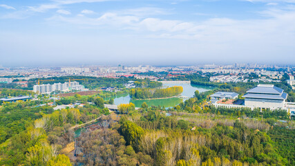 Nanyang Lake in autumn, city park scenery in Qingzhou